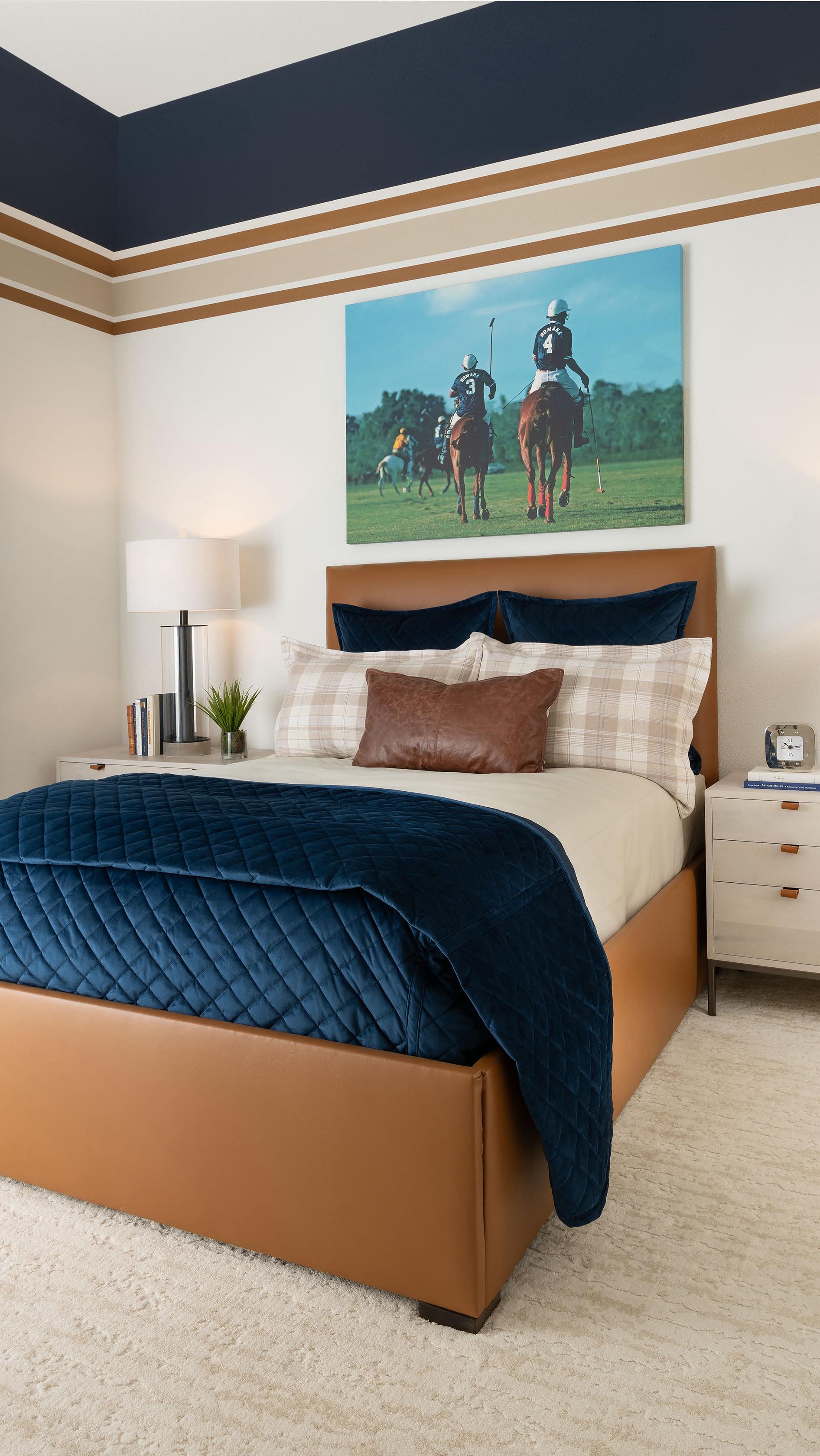 Same house. Three completely different takes on a secondary bedroom!One is playful and coastal with hand-painted stripes and coral accents. Another was reimagined as a calming yoga space with a custom painted wall. The last has a more masculine feel with navy, leather, and a cozy atmosphere.Secondary bedrooms are a great place to get creative and try something unexpected.All designed by our model team for @highlandhomestx. To see more of this stunning model home, click the link in our bio to read the latest digital issue of IBB at Home! #IBBDesign #HomeInspo #SecondaryBedrooms #InteriorDesign #CustomHomes #InteriorDesign #LuxuryInteriors