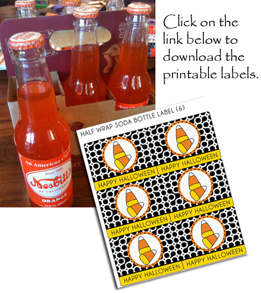 orange soda bottles, candy corn, bottle labels