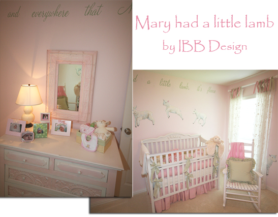 pink nursery, baby girl nursery, white crib, painted dresser, pressed tin, drapery, Mary had a little lamb, themed nurseries