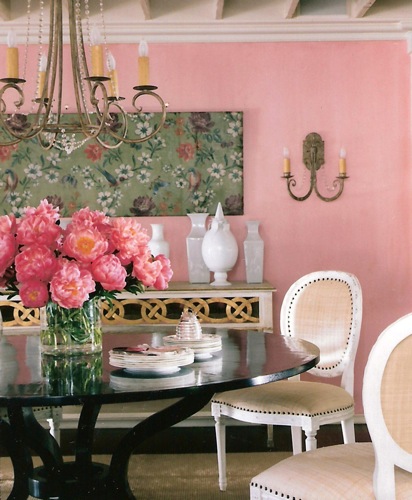 Suzanne Kasler, pink, Glidden paint, dining room, pink interiors