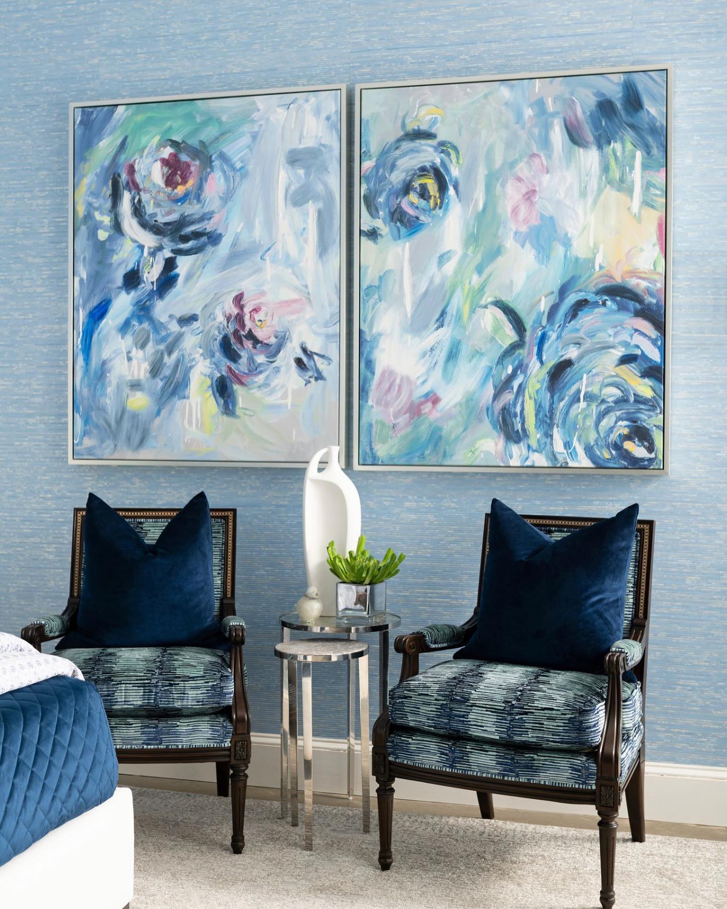 Fabulous art can be a jumping off point for a room’s design or the final touch that brings the room together. We love how this diptych layers in color and adds depth to this bedroom design by #ibbdesigner Karen Holloway. All furnishings & accessories shown are available thru our store in #Frisco. #interiordesign #Dallasdesign #designerfurnishings #accessories #roomstyling #shophomedecor #roomswelove #bedroomdesign #blueinteriors #teamIBB #ibbdesign