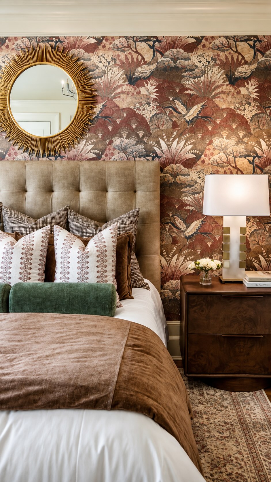 This one is all about the layers. 🤎For our latest @highlandhomestx model in the Kresston community, we embraced a rich, sophisticated palette and added depth through beautiful wallpapers, tailored drapery, warm woods, and unexpected ceiling treatments.The reel gives you a glimpse, but this is definitely a home you’ll want to experience in person. Come take the tour in Montgomery, Texas! ✨